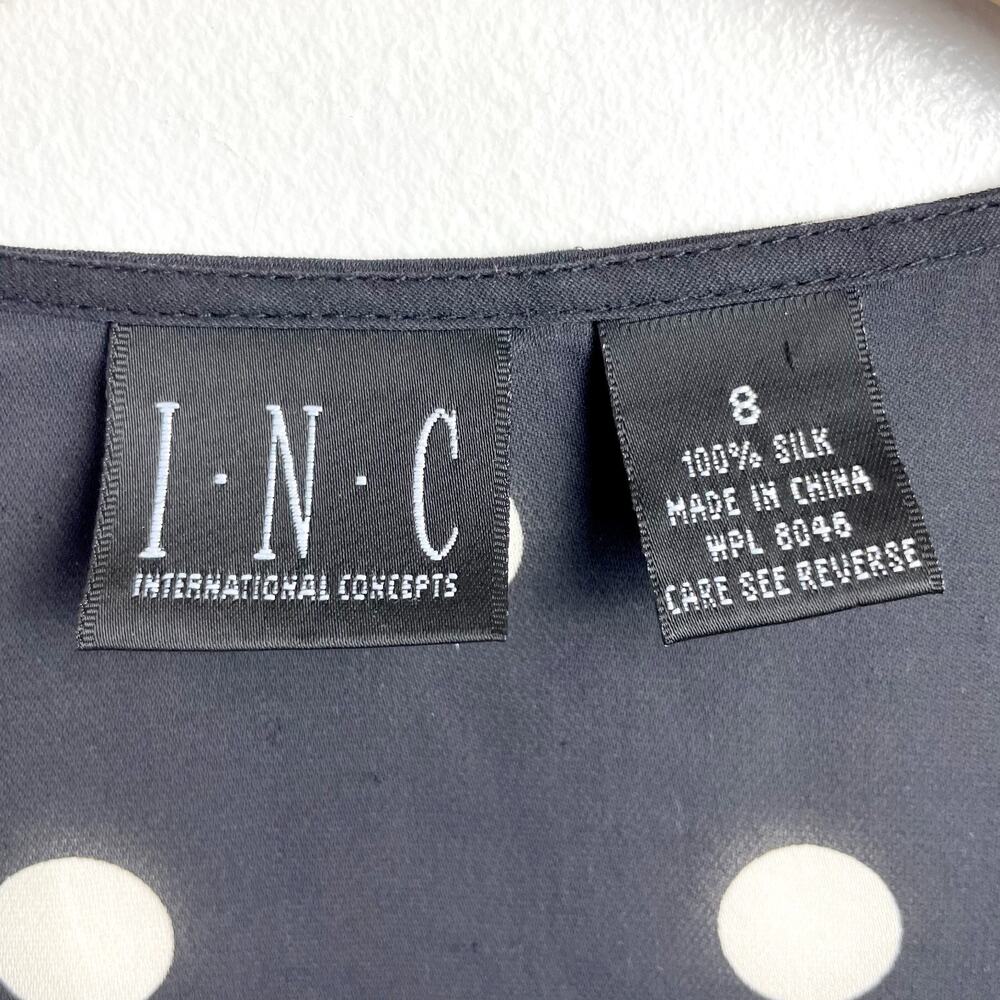 INC Silk Polka Dot Tie Front Blouse Crop Top Sz 8 Timeless Retro Black White - Picture 3 of 5